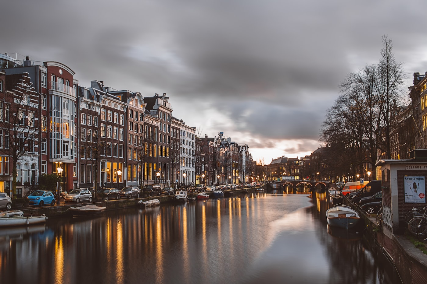 An Amsterdam canal at dusk